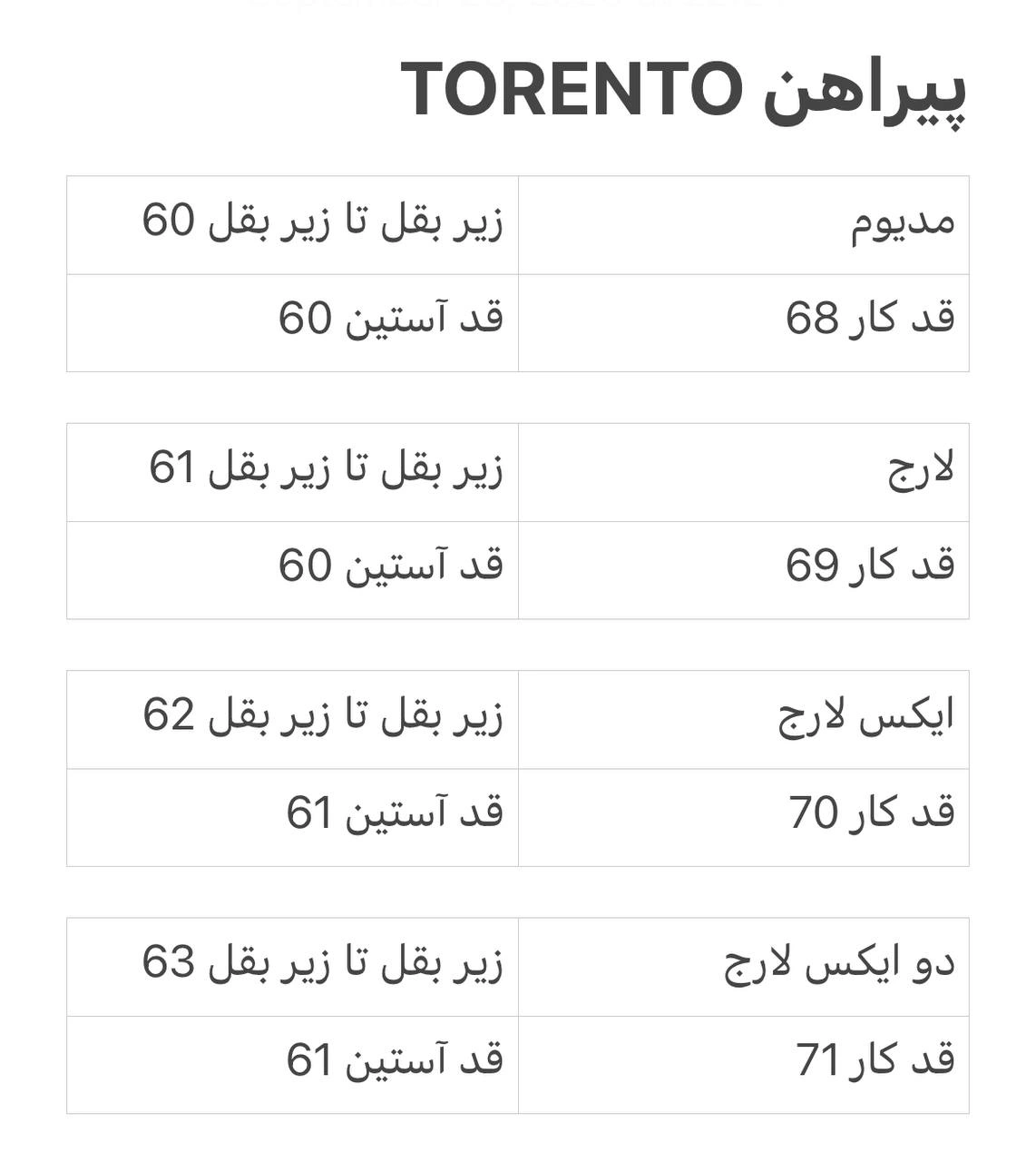 راهنمای سایز پیراهن پری کجراه TORENTO